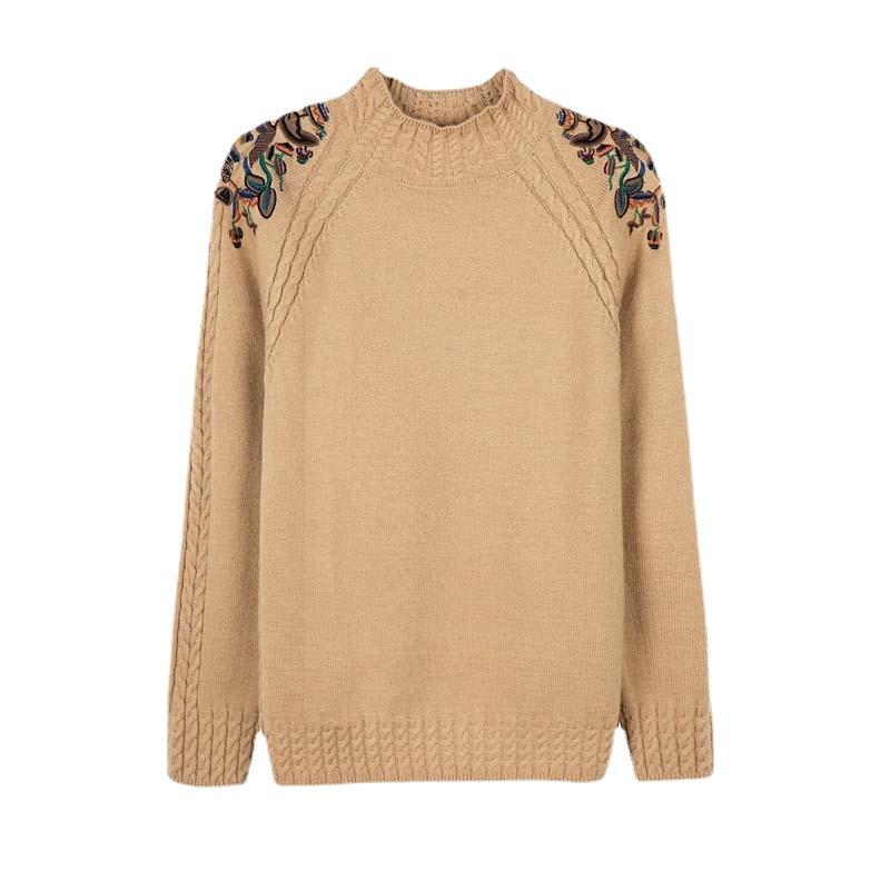 Women's Half High Neck Sweater Autumn and Winter Loose Embroidered Pullover Knitted Sweater