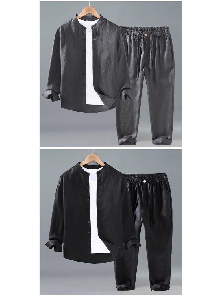 Pure Linen Men's Stand Collar Long Sleeve Shirt - National Style, Versatile, Trendy, Loose Fit