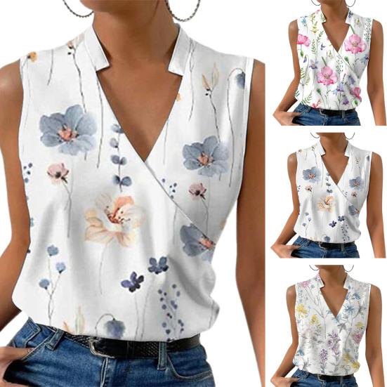 Damska koszulka z kwiatowym nadrukiem, dekoltem w szpic, bez rękawów, swetrem średniej długości, miękka, damska kamizelka w dużych rozmiarach, odzież damska