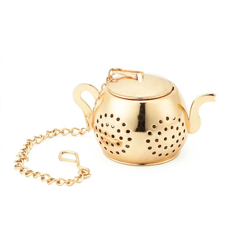 

Металлический ситечко для чая в форме чайника, заварочный чайник из нержавеющей стали, ситечко для чая с цепочкой, поддон для капель, фильтр для травяных специй