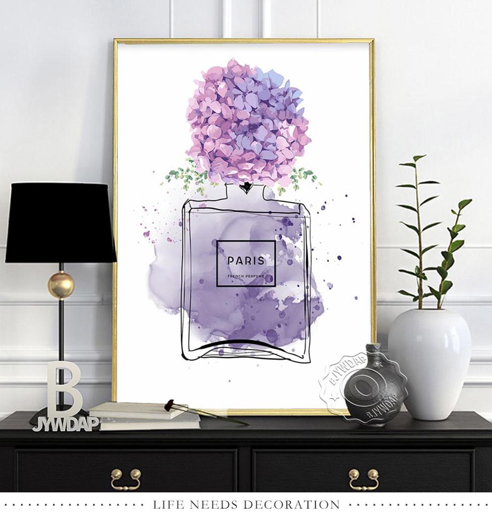 Fashion Illustration Watercolor Floral Prints Art Poster, Flowers Paris Perfume Canvas Painting, Minimalist Wall Decor Girl Gift No Frame