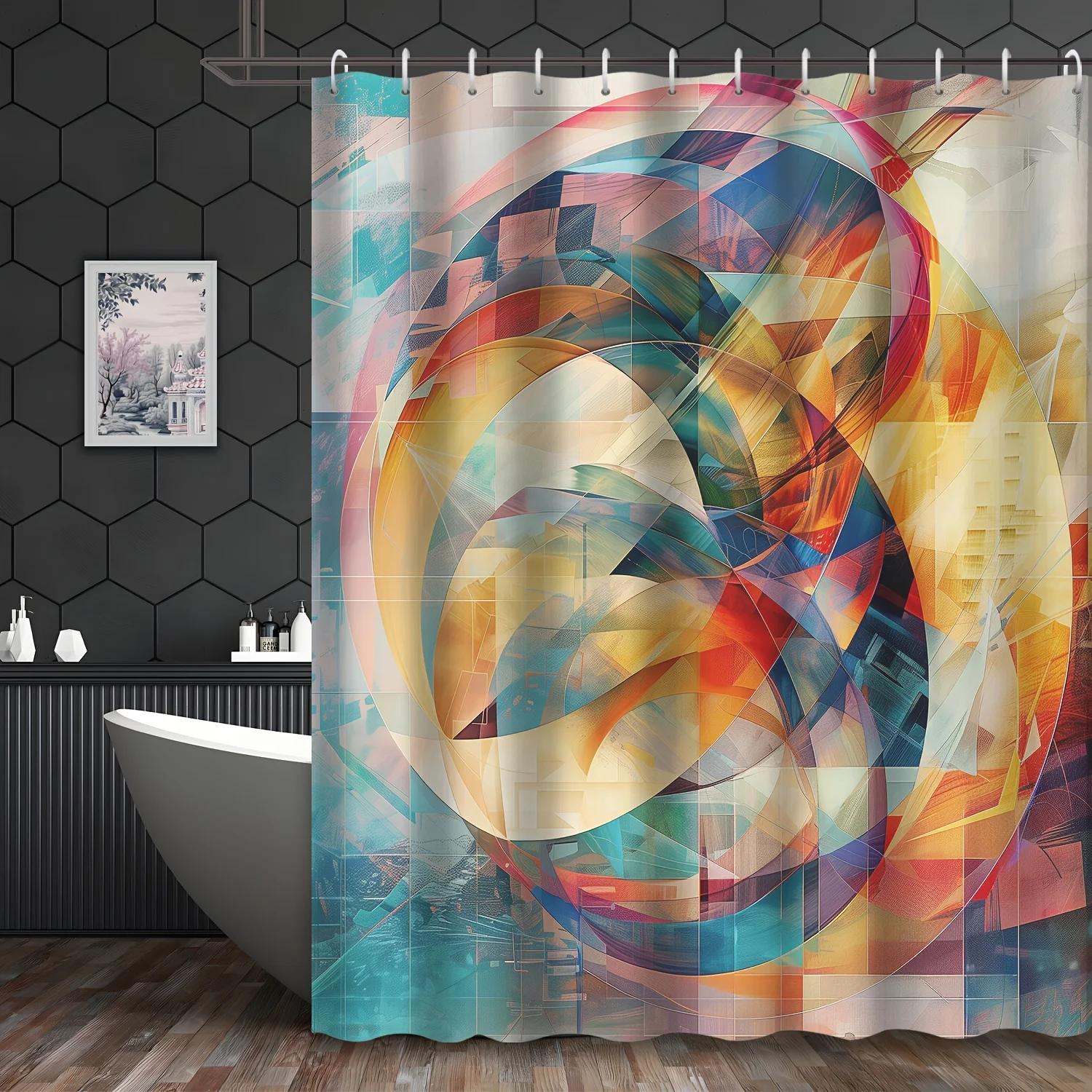 Surrealism Art Curtain - Geometric Abstract, Water-Resistant, 12 Hooks, 72In, Artistic Bath Decor W90xH180cm