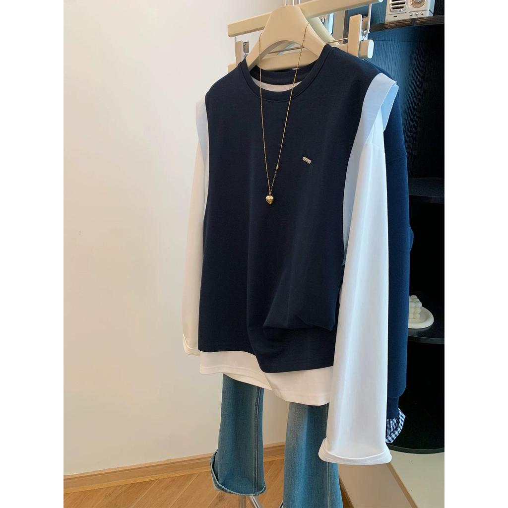 Women's Retro Color Block Long Sleeve Fake Two-Piece Top - Autumn/Winter Loose Fit