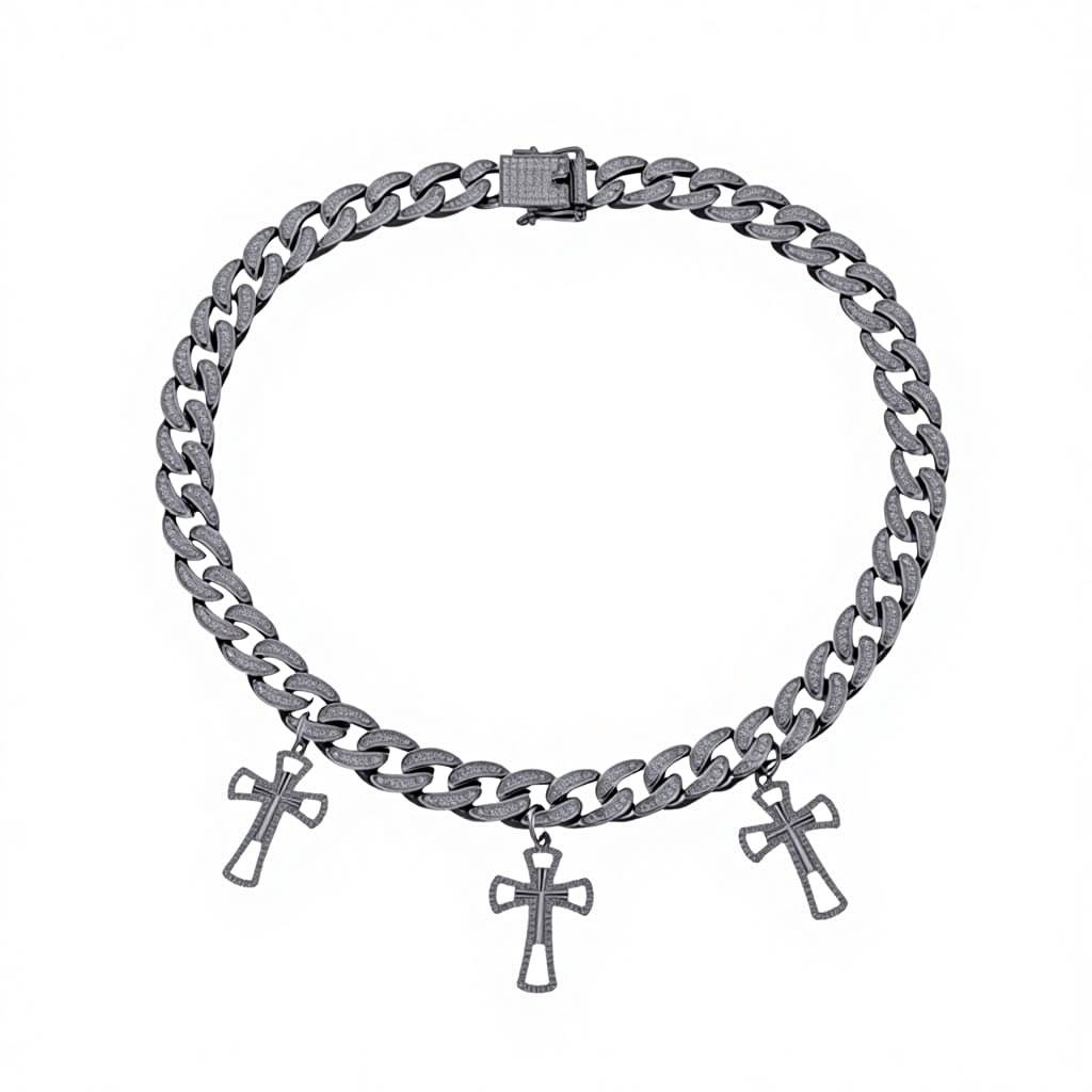 Bling Cross Pendant Cuban Link Chain Necklace Zinc Alloy Silver Plated Men's Fashion Premium Rap Party Jewelry