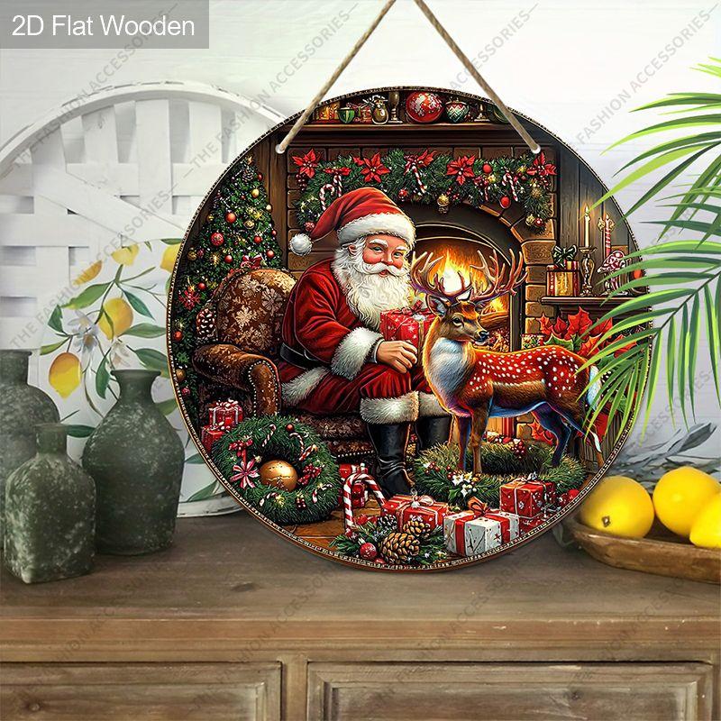 Santa and Reindeer Fireplace Merry Christmas Round Wooden Hanging Sign, 2D Flat Printed Embossed Christmas Door Wall Ornament, Xmas Home Decor Gift
