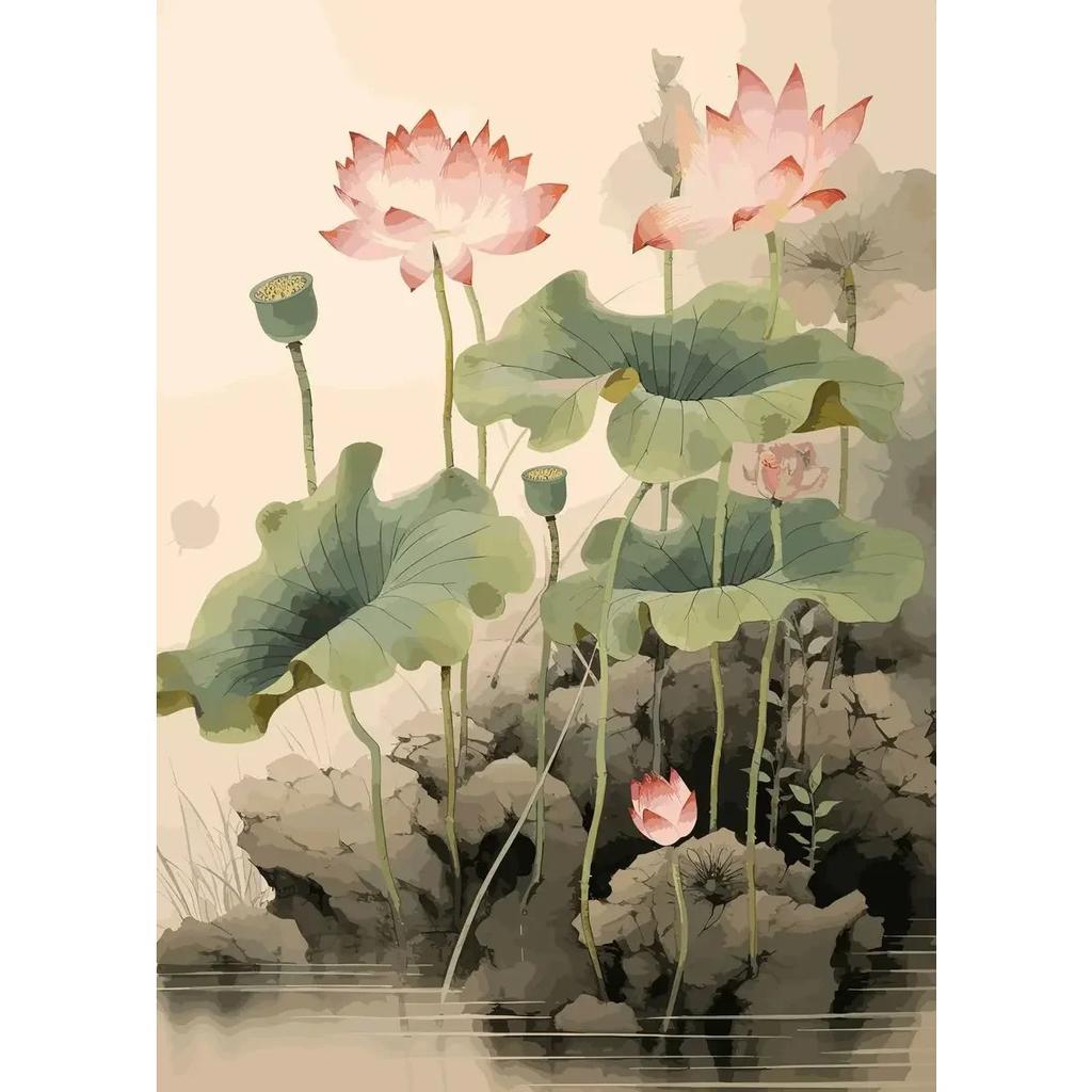 Traditonal Chinese Style Lotus Flower Lotus Leaf Posters Canvas Painting and Prints Wall Art Picture for Living Room Home Decor