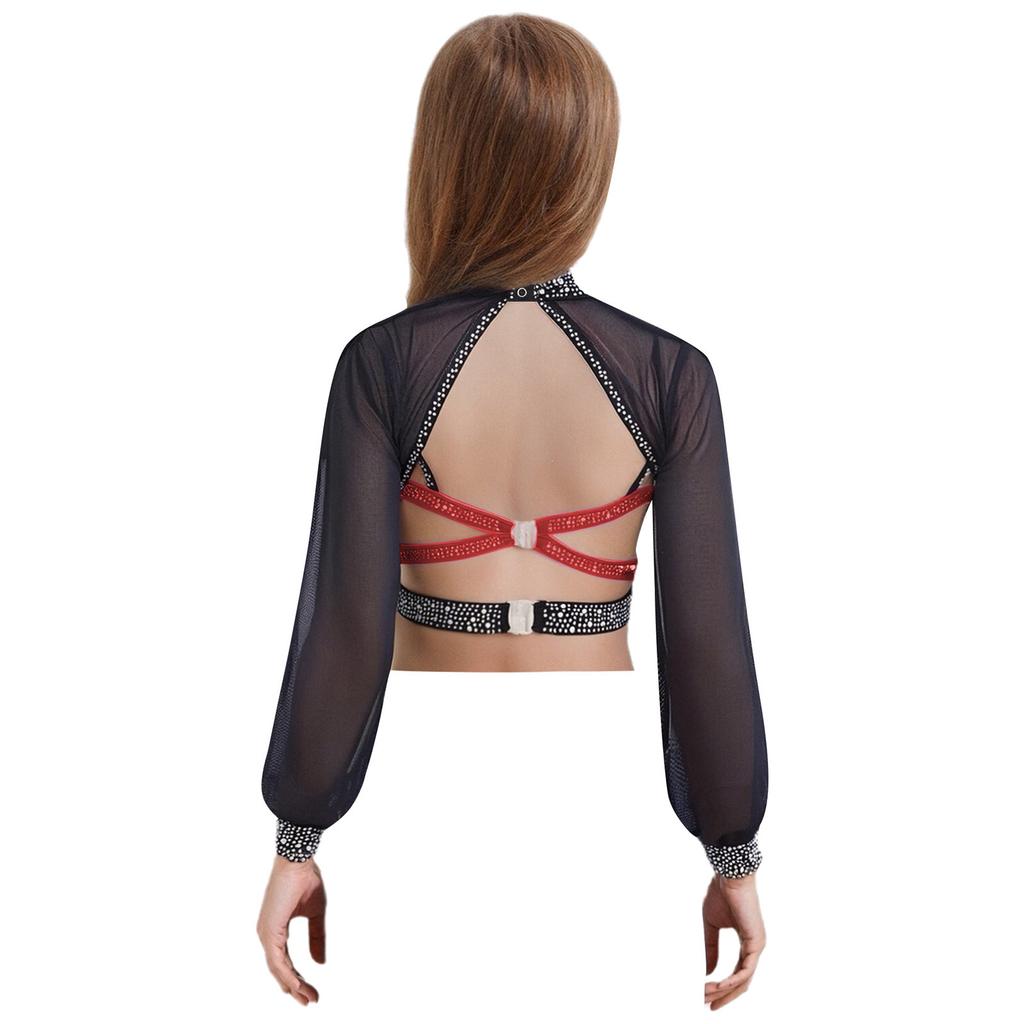 Flickor Dansuppträdande Topp Mock Neck Långärmad Genomskinlig Mesh Utskuren Rygg Axelbandsförsedd Strass Crop Top