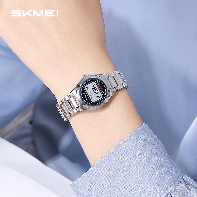 Shíkèměi 2334 Multifunktionale LED-Elektronikuhr für Damen mit Stahlarmband