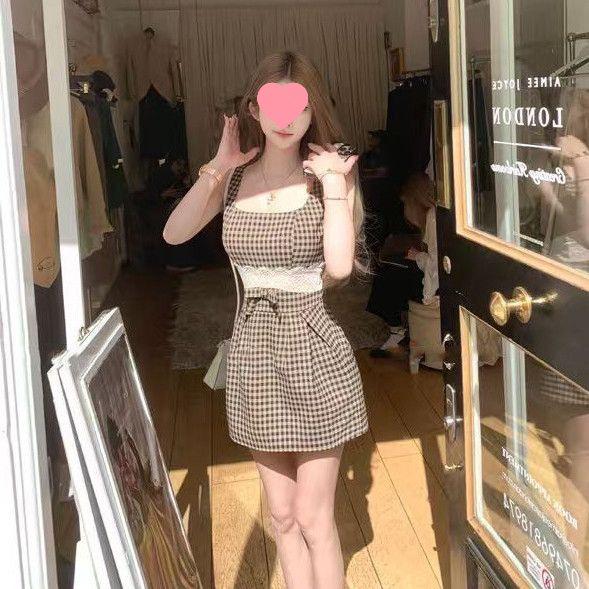 

Women s Summer Plaid Dress with Lace Patchwork and Square Neck Featuring a Bowknot Skirt L (Recommended 108-120 jin)