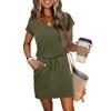 Women's Summer V-neck T-shirt Casual Short Sleeve Drawstring With Pocket Solid Color Dresses