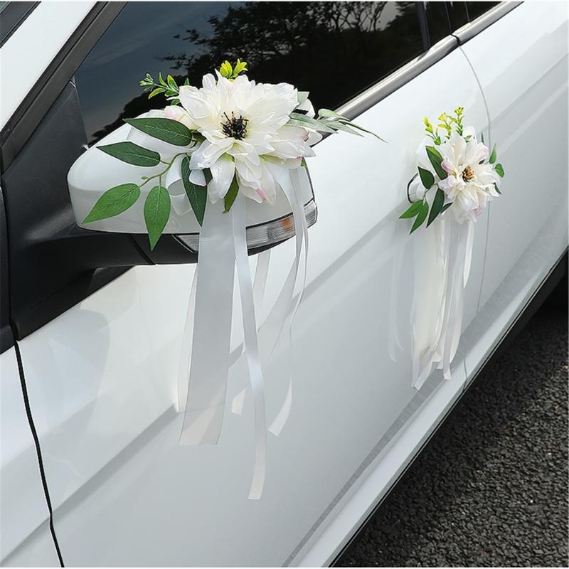 Romantics Florals Rearview Mirror Bowknot For Wedding Car Faux Flowers And Ribbon Chair Back Flower Decoration