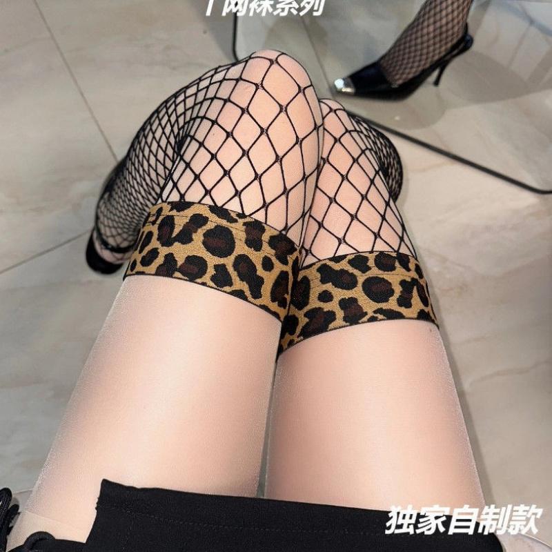 Leopard Print Stockings Stitching Sexy Black Silk Stockings Fishnet over the Knee Hot Girl Summer