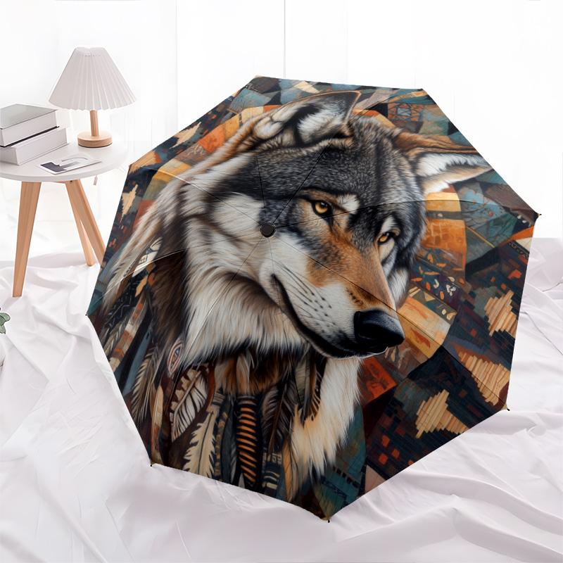 Indian - Style Wolf Pattern, Automatic Folding Umbrella, Portable and Foldable Design, 8 Ribs, a Christmas or Birthday Gift.