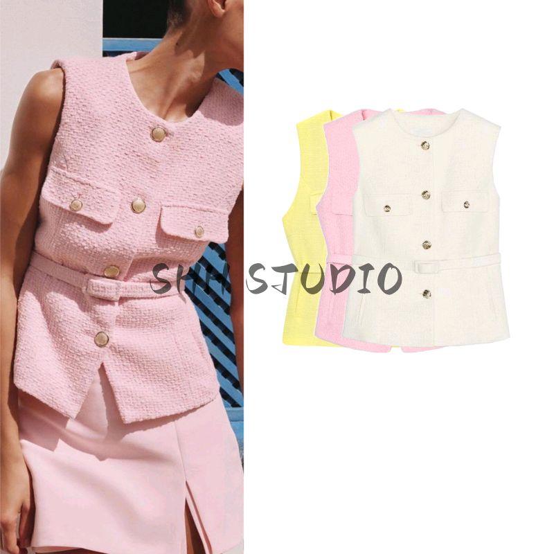 Summer New Product Women's Clothes Gold Decorated Row Button Sleeveless Round Neck with Belt Texture Vest Tops 2132091