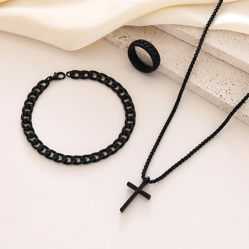 3Pcs Set Men'S Stainless Steel Metal Cross Pendant Chain Necklace Bracelet Ring Jewelry Set Male Hip Hop Daily Wear Accessories