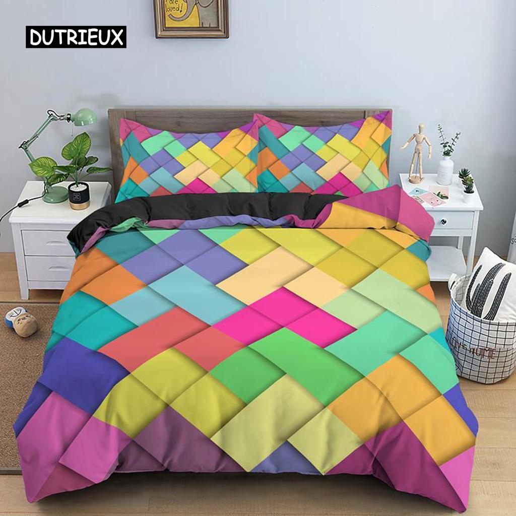 Geometric Duvet Cover Set Retro Morden Color Neon King Queen Quilt Cover Pillowcase 2/3pcs Psychedelic Polyester Bedding Set