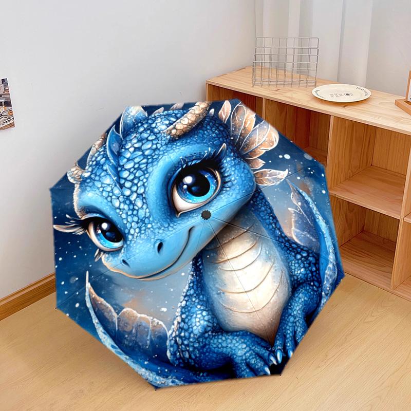 1 Stück Automatischer Faltregenschirm - Blaues Drachenmuster, Tragbares & Faltbares Design mit 8 Speichen, Weihnachts-Geburtstagsgeschenke