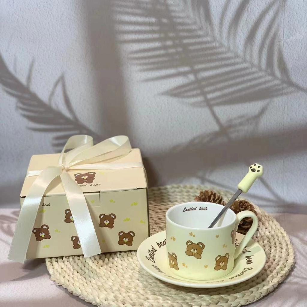 Ins Cream Wind Cartoon Biscuits Bear Cups And Saucers Simple And Delicate Dessert Plate British Niche Coffee Cup And Saucer Set