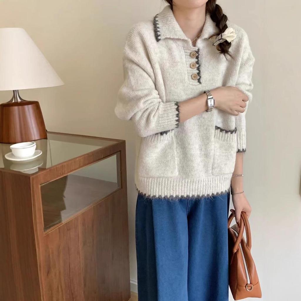 Korean Chic Soft Polo Collar Contrast Double Pocket Sweater for Women