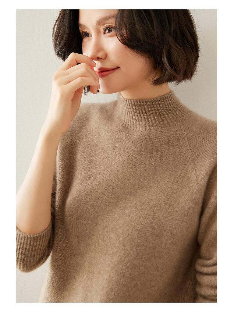 Women's Cashmere Raglan Sleeve Slim Fit Sweater - Half High Neck, Thickened, Solid Color, Versatile Knitted Top.