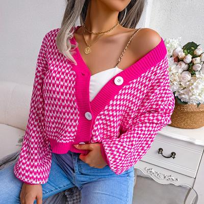 Cardigan à carreaux contrastés à manches lanternes, veste pull, automne et hiver