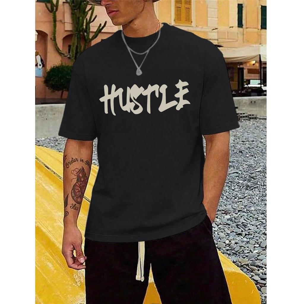 Men's "Hustle" Themed Motivational Quote Tee, Urban Streetwear Oversized Short Sleeve Top
