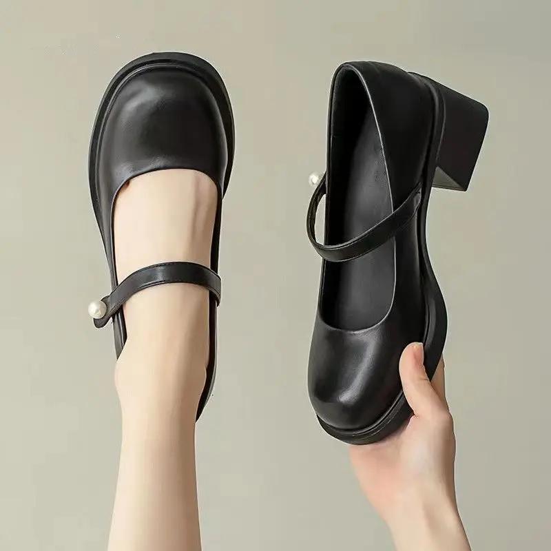 Fashion Round Toe Ladies Pumps Block Heel Gothic Chunky Heels Women's Shoes with Medium Mary Jane Japanese Style Lolita on Sale Slip 39