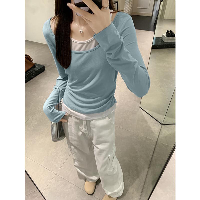 Blue Design Fake Two-piece Long Sleeve T-shirt for Women with Side Pleats Thin Bottom Blouses Early Autumn