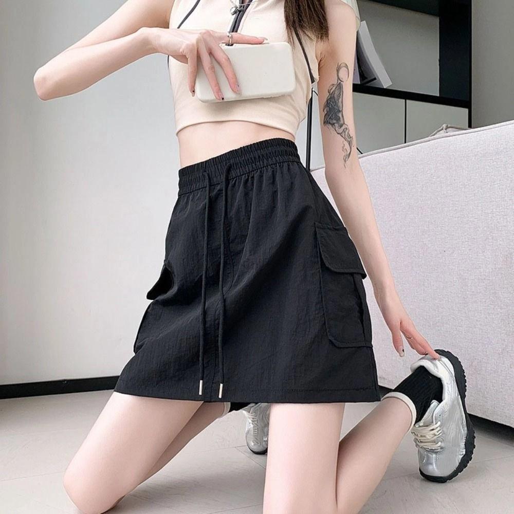 Drawstring Wide Half Leg Skirts Lace Up Causal Skirts Women Fashion High Waist Skirt  Streetwear