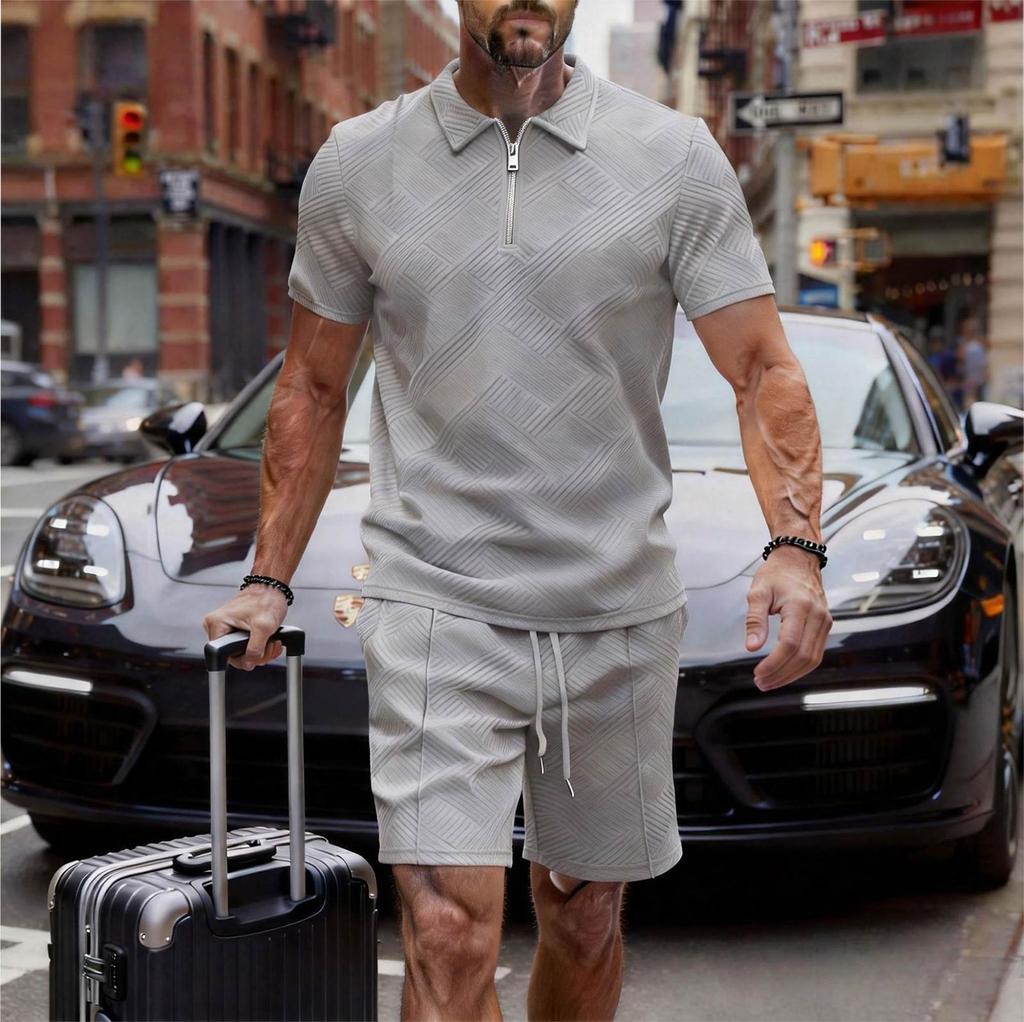 Men's New Casual Color Zipper Collar Shirt Short-sleeve Set