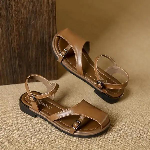 Beige Heeled Sandals Buckle Strap Comfort Shoes for Women 2025 Summer Black Flat Clear Low Fashion New Closed Girls Fretwork Cas