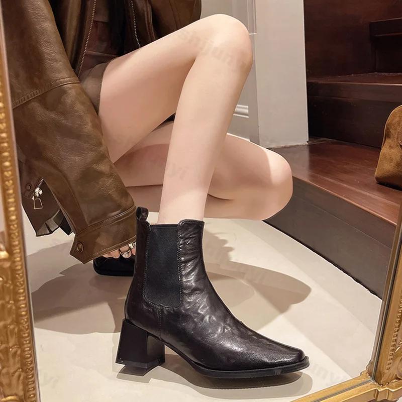 Fashion High Heels Ankle Boots Women Shoes Fashion Pointed Toe Booties 2024 New Trend Thick Heel Chelsea Boots Ladies Leather Short Boot