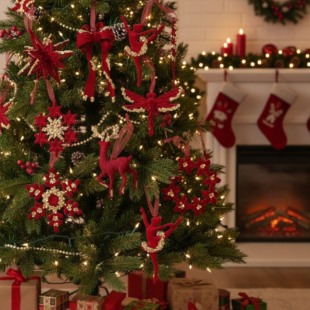 Wine Red Plush Christmas Tree Pendant Glitter Bow Christmas Decorations Holiday Season