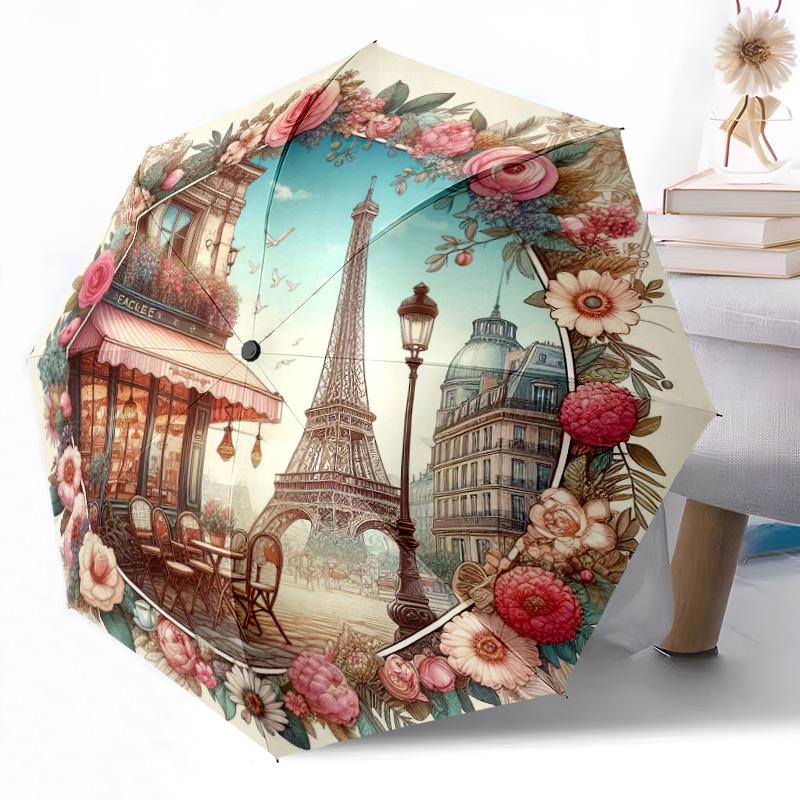 Eiffel Tower Pattern Automatic Umbrella Compact 8-Rib Design Lightweight All-Season Travel Outdoor Accessory Perfect Gift for Women Men