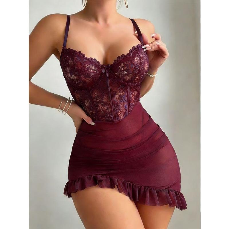 

Autumn and winter sexy pajamas plus size mesh lace temptation suspender nightdress women s suit fun XL