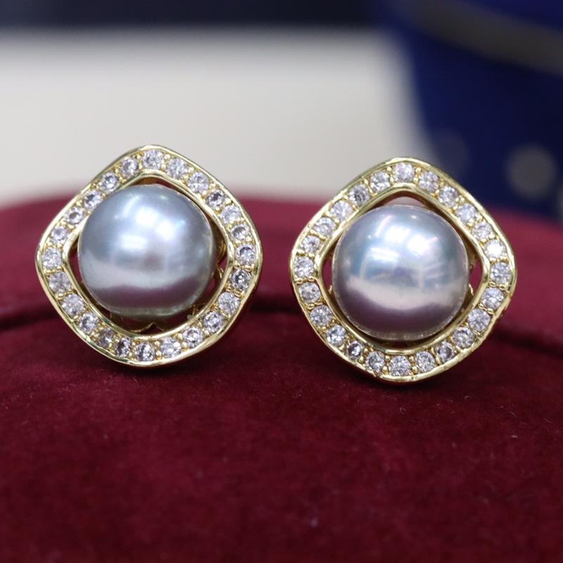 18K Gold Plated Freshwater Pearl Stud Earrings with Zircon, 8-9mm, Fashionable and Versatile for Women.