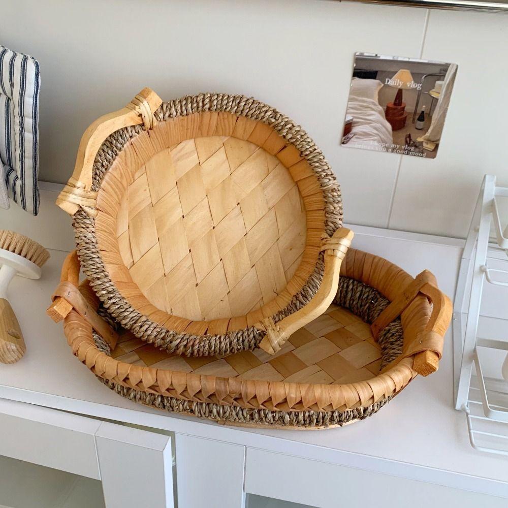 Rustic Handwoven Storage Basket Handmade Food Serving Holder Fruit Vegetable Storage Tray  Kitchen