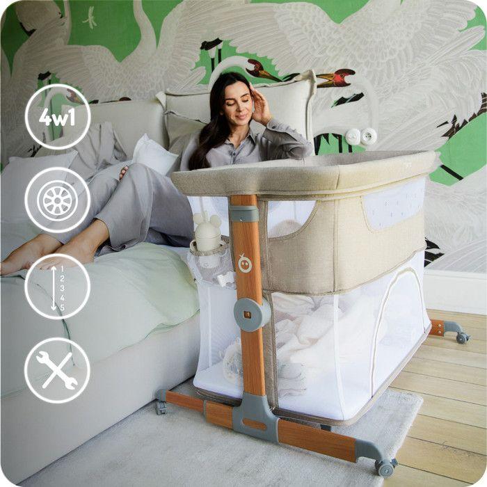 Momi Smart Bed – 4-in-1 Baby Co-sleeper – Height &; Inclination – Bassinet with Mosquito Net, Mattress, Side Access – Beige