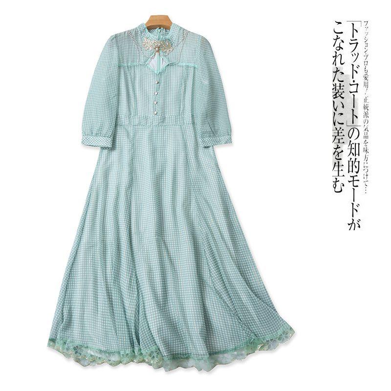 French style Vintage dress Summer New Foreign Trade Women clothes Small Stand Collar Heavy Industry Embroidery Beads Chiffon Dress 30760