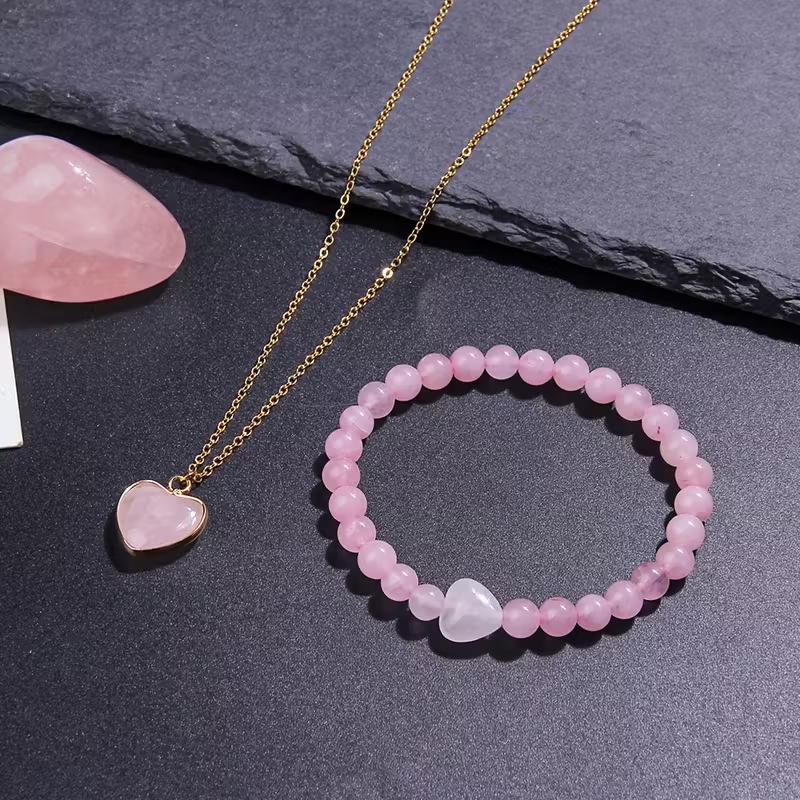 A set of bracelet necklace, natural pink crystal heart-shaped necklace, 6MM bead, natural stone bracelet, Valentine's Day gift