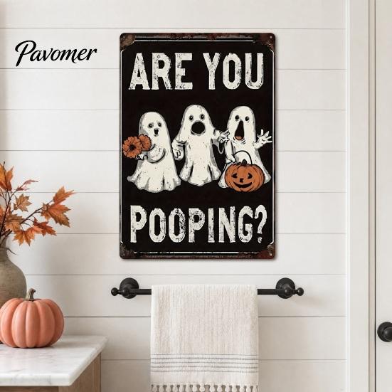 Retro Halloween Decor Wall Sign, Pumpkin Ghost Bathroom Metal Party Ornaments Art Witch Cat Festival Sign for Bar Home Room Vintage Signs