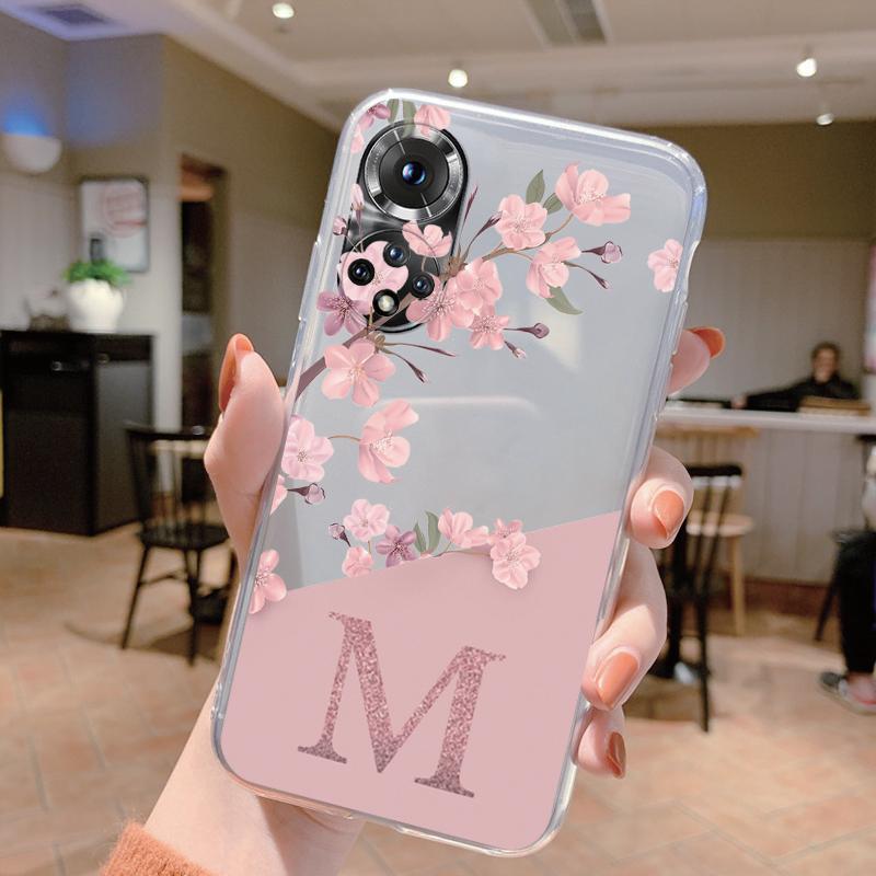 Cute Letter Case For Honor 50 90 400 Lite Pro Coque Huawei P20 P30 Pro Cover Soft Flower Alphabet Transparent Phone Silicone