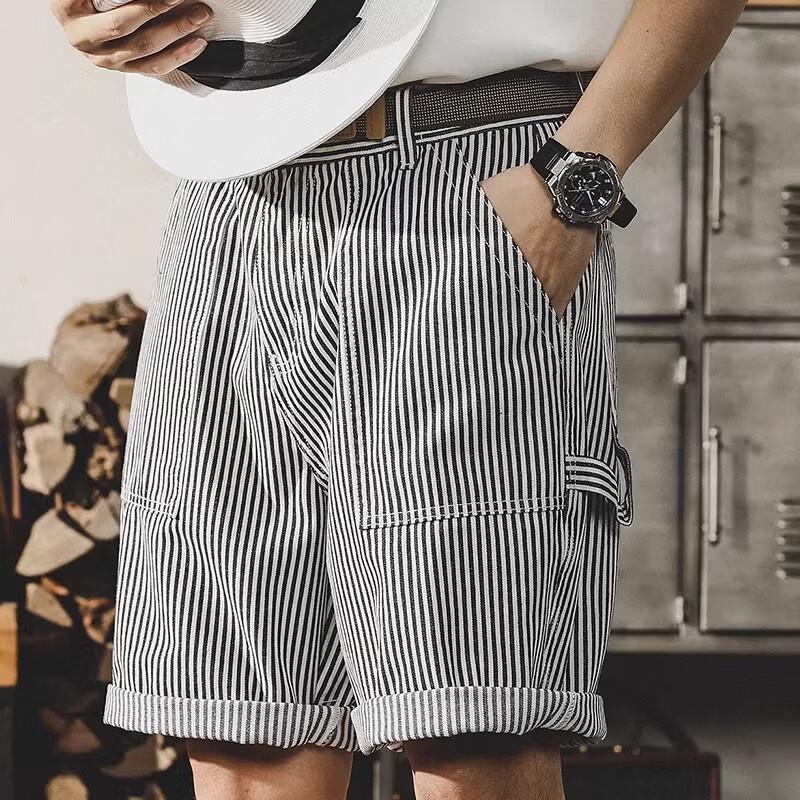 Men s American-Style Striped Workwear Denim Shorts 34
