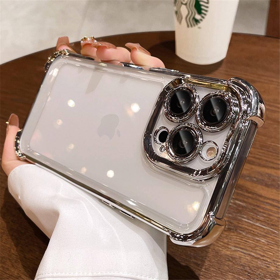 Luxury Electroplate Shockproof Phone Case For iPhone 15 14 13 12 11 Pro Max Plus Lens Protection Bumper Transparent Back Cover