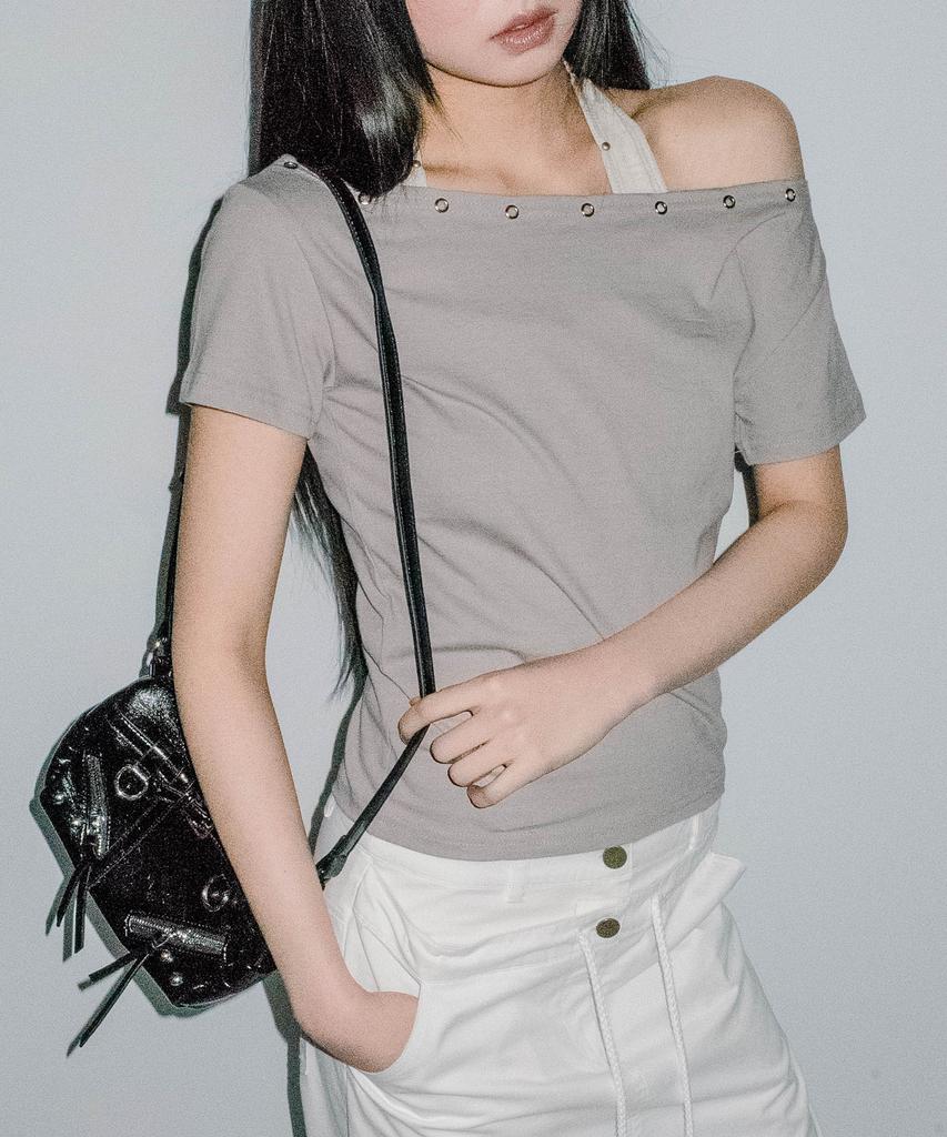 CHICKS Eyelet One-Shoulder Slim Short Sleeve Dark Beige