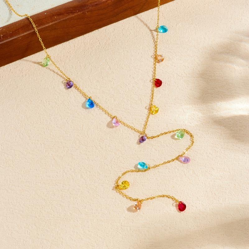 Gold Colorful Water Drop Crystal Lariat Necklace for Women