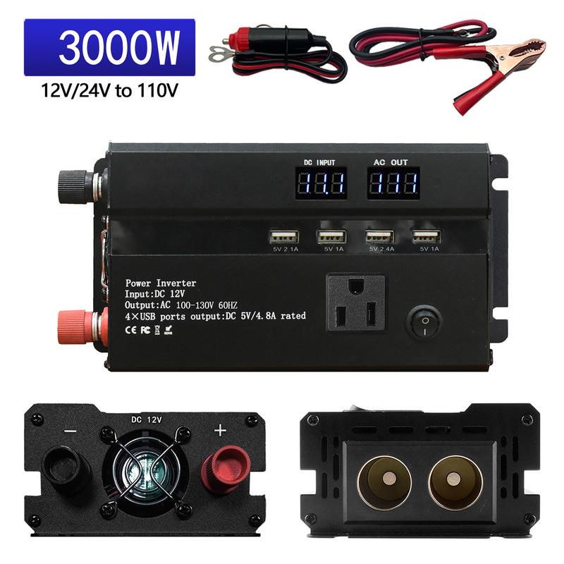 Car Inverter LCD Display DC 12V To AC 110V Converter With 4 USB Ports Power Inverters For Vehicles For Outdoor Vacation Business