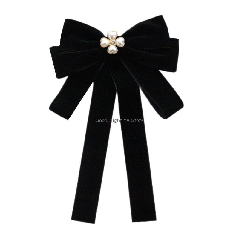 Luxurious Velvets Bows Tie For Women Sparkling Crystal Pearls Pre Tied Bows Clip