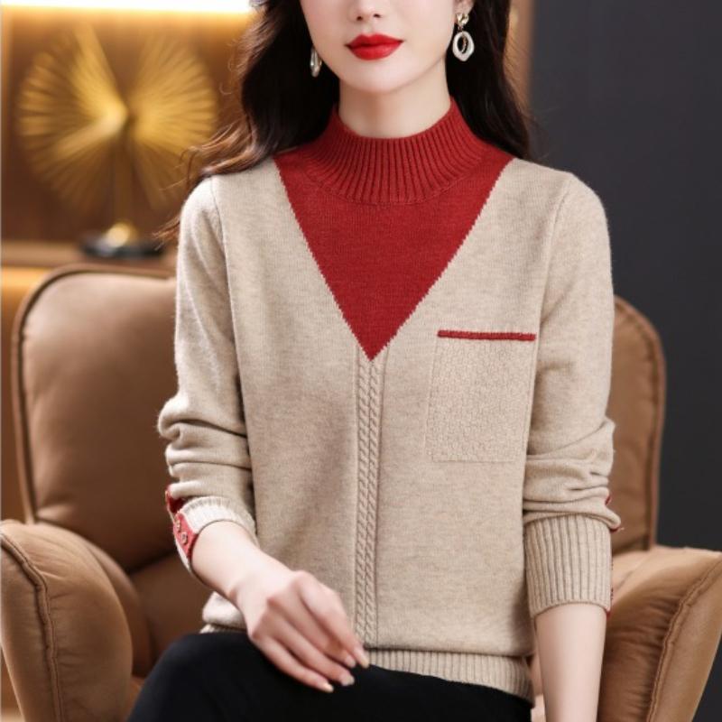 Women Vintage Splicing Panelled Sweaters Autumn Winter Fashion Mock Neck Long Sleeve Casual Slim Knitted Pullovers