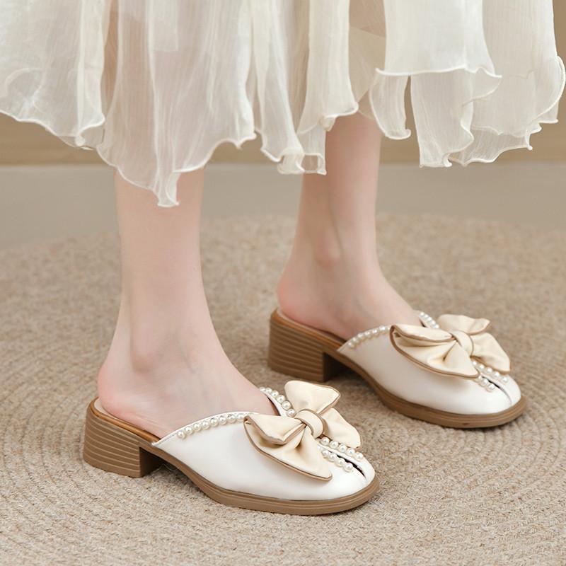 Fashion Cover Toe Slippers Casual Female Shoes String Bead Slides Butterfly-Knot Luxury 2025 Summer Soft Square heel Butterfly-knot